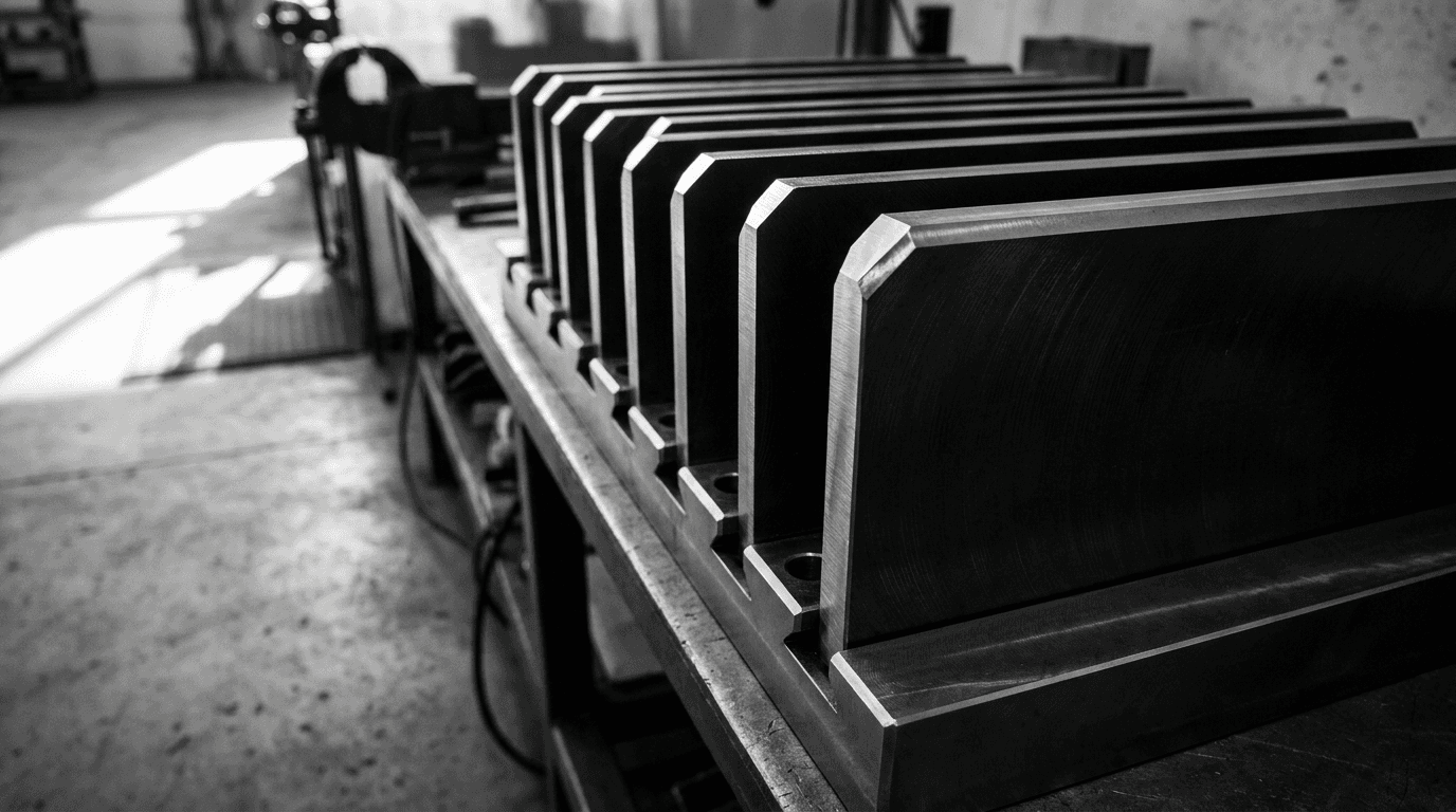 Machined black steel plates in a precision rack